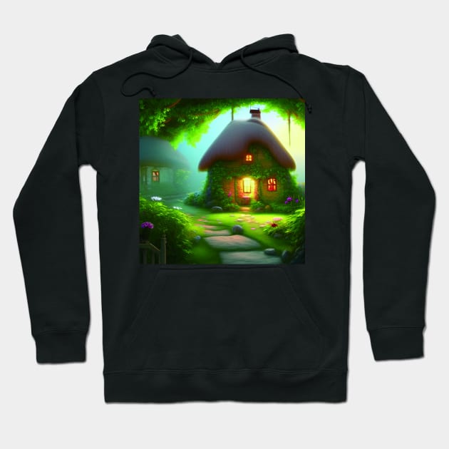 Fantasy Green House In a Greenery Scene, Fantasy Cottagecore artwork Hoodie by Promen Art